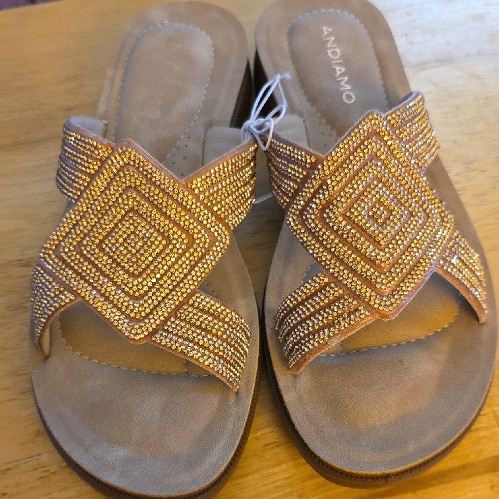 Gold Sandals with Ornate Beadwork and Flat Sole